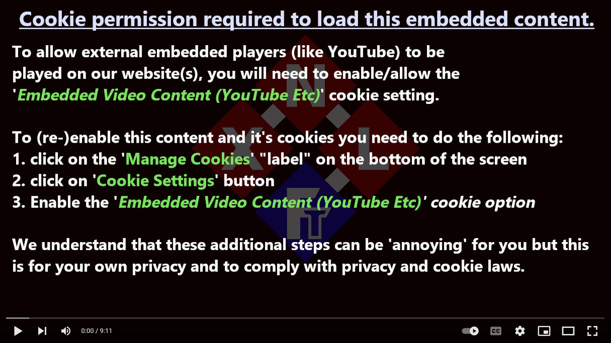 The YouTube video which is embedded here is currently disabled due to the fact that you did not allow 'Embedded Video Content Cookies'. To re-enable this embedded video click on the 'Cookie Settings Icon' label on the bottom of the screen, then on the 'Cookie Settings' button, followed by enabling the 'Embedded Video Content (YouTube Etc)' option.